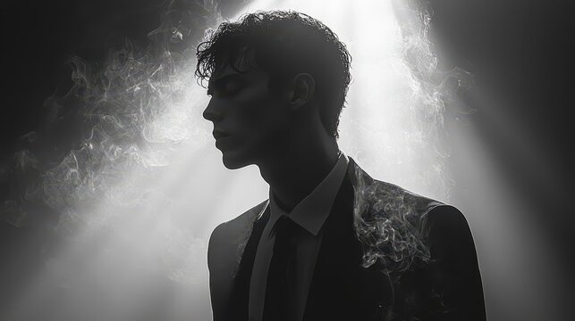 Monochrome portrait of a young man in a suit, shrouded in smoke, dramatically lit.