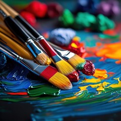 Obraz premium [artistic studio setup] Vibrant Art Palette & Brushes Creative Chaos Unleashed