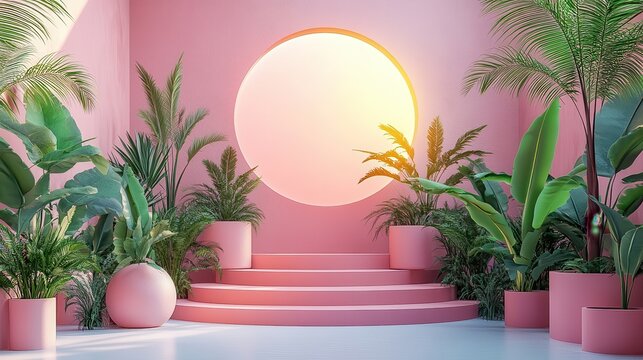 [Virtual gatherings live events] Surreal Indoor Oasis at Dawn - Pink Sky, Lush Greenery, Soft Lighting