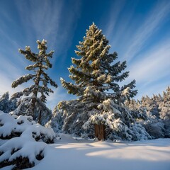 Obraz premium Snowy Tranquility: Pacific Yew Tree in a Peaceful Winter Landscape
