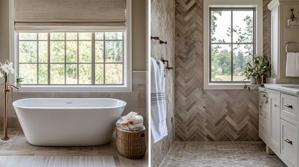 Chic Bathroom Retreat Adorned with Mocha Mousse Tones, Featuring Freestanding Bathtub, Elegant Fixtures, and Stylish Decorative Elements in a Relaxing Space