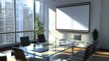 Chic and Modern Office Layout Featuring a Bright Meeting Room with Glass Table and Large Windows Showcasing a City View and Organized Workspace Environment
