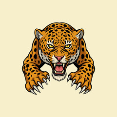 A fierce jaguar illustration showing a close up of its head and paws ready to attack.