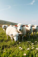 Fototapeta premium Five white sheep graze in a green pasture.