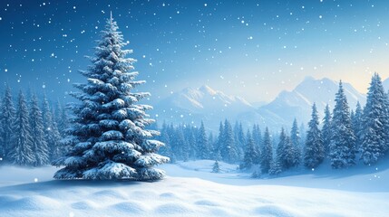 Fototapeta premium winter landscape with snowy fir tree and blue sky
