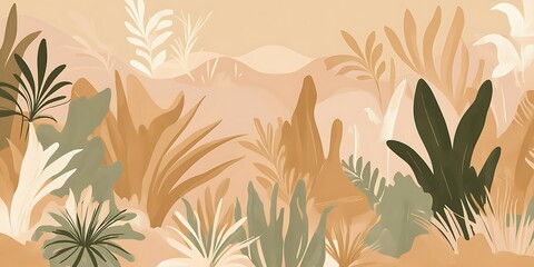 Fototapeta premium Serene desert landscape, plants, hills, sunset, home decor