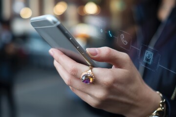 Woman using smartphone with digital interface overlay