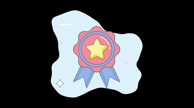 A colorful cartoon badge with a star, set against a light blue background, representing achievement.