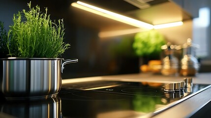 Fototapeta premium Modern Kitchen Still Life: Stainless Steel Pot with Fresh Herbs on Sleek Induction Cooktop