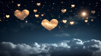 Golden Hearts Adorn a Night Sky Above Clouds