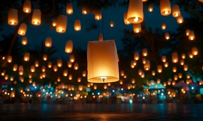 Lantern-lit night market in a quaint town, vibrant stalls filled with local delicacies, warm glow creating an inviting atmosphere.