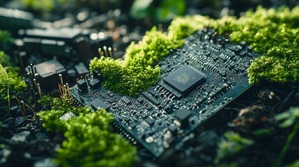 Close Up of a Dirty, Broken Circuit Board Surrounded by Green Moss and Natural Elements on a Forest Floor