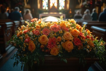 Casket with floral arrangement at a funeral, people paying respects in background