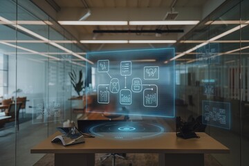 Naklejka premium Modern Office Workflow Visualization Hologram Display