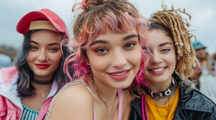 Fototapeta premium Three young women with diverse hairstyles, colorful outfits, and vibrant expressions enjoying a lively outdoor event together.