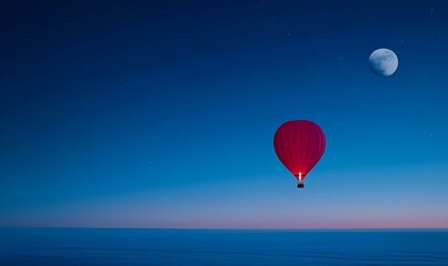 Fototapeta premium Nighttime hot air balloon journey, vibrant landscape illuminated by moonlight, serene adventure above rolling hills and shimmering lakes.