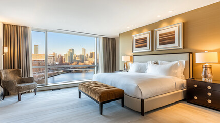 Fototapeta premium Modern, luxurious master bedroom with views of a river in the city condo or hotel accommodations