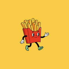 A cheerful cartoon french fries container character strides across a yellow background.