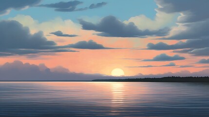 Obraz premium Serene Sunset Over Calm Lake Water And Silhouetted Trees