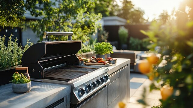 Outdoor grilling station with food prep area in a lush garden.