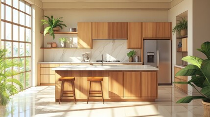 Sunlit modern kitchen with wooden cabinets, island, and large window.
