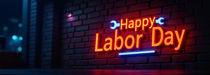 Happy Labor Day neon text glowing on a brick wall background