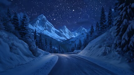 Snowy mountain road at night under a starry sky.