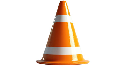Orange 3d traffic cone with white stripes on white background. 