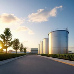 Sustainable biofuel storage tanks urban industrial site eco-friendly technology open environment evening light