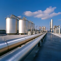 Gas processing plant operations industrial site infrastructure clear sky wide angle energy efficiency concepts