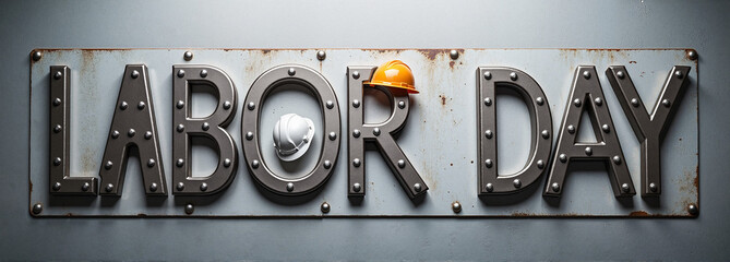 Labor Day text with industrial bolts and metal design on grey background