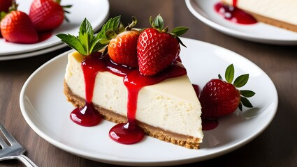 A decadent slice of creamy cheesecake topped with vibrant strawberries and drizzled with rich strawberry sauce, presented on a white plate.