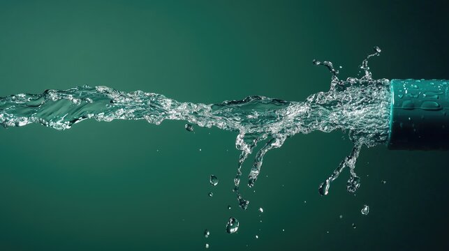 Water being poured from a rubber hose on a green background. Water pipe. Splash of water. Flow. Tube. Squirt. Pressure. Rinse. Water jet. Flow rate