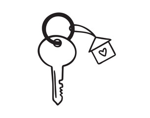 house key with heart doodle hand drawn icon. Outline drawing home key line clipart symbol