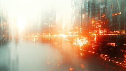Fototapeta premium Futuristic city skyline at dawn, reflected in water, with glowing orange lights and fog.