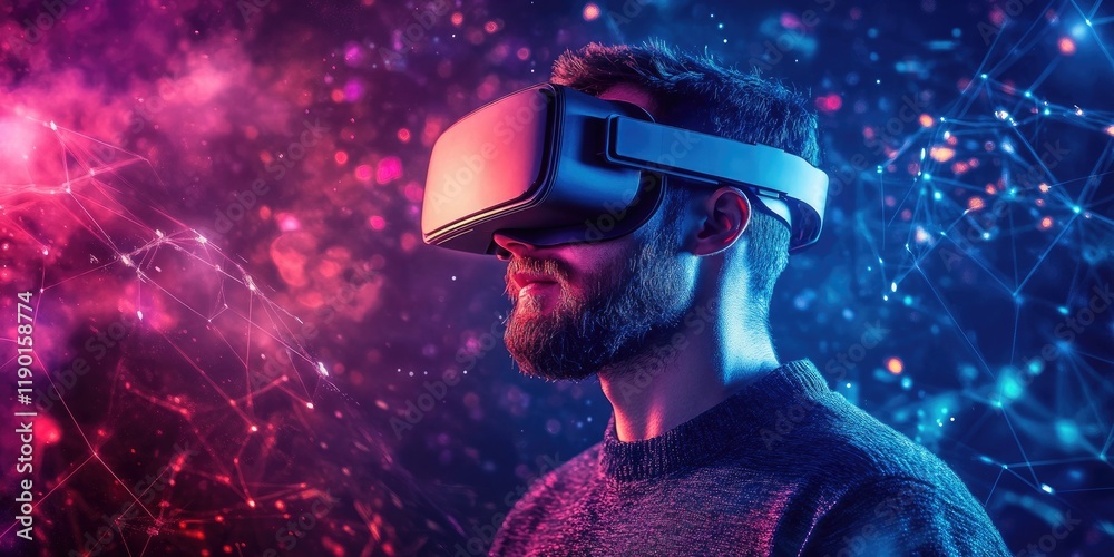 Poster young man experiencing virtual reality with advanced headset amidst colorful digital background and 