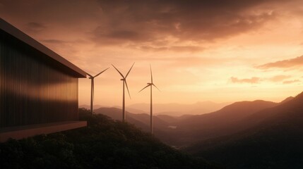 Obraz premium Wind-powered biofuel plant on cliffside sustainable energy generation scenic landscape mountain view