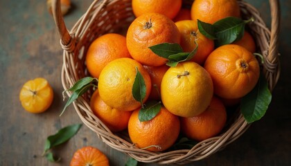 Fresh oranges in wicker basket. Concept of healthy eating, vitamin C, and organic food.