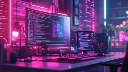 Obraz premium Neon-lit programmer's workspace with dual monitors displaying code.