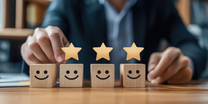 Person placing star ratings on wooden blocks to assess customer satisfaction in a professional setting