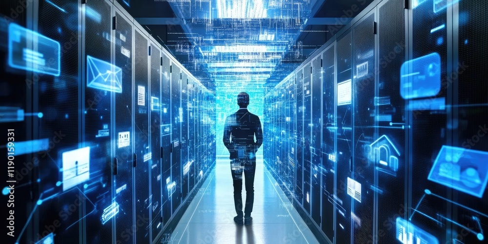 Leinwandbilder Person in Business Attire Walking Through Digital Data Center with High-Tech Background and Futuristic Visual Effects
