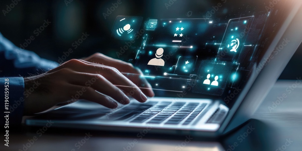 Poster Hands Typing on Laptop with Overlay of Digital User Interface Icons and Connectivity Symbols in a Modern Setting
