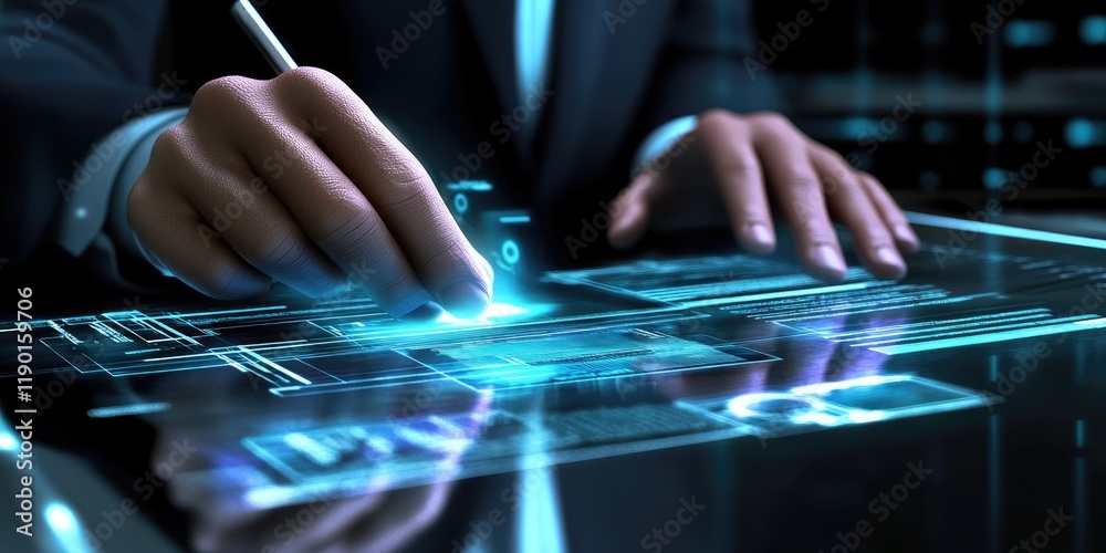 Poster Business Professional Using Digital Tablet for Data Analysis and Modern Technology Solutions in a Futuristic Workspace