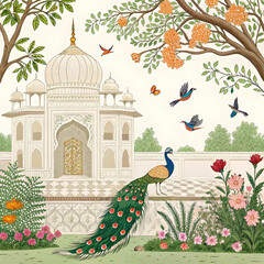 mughal traditional garden with peacock bird