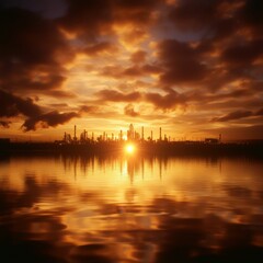 Fototapeta premium Industrial sunset reflection over oil refinery plant in serene waters captivating landscape photography