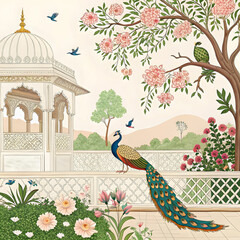 mughal traditional garden with peacock bird
