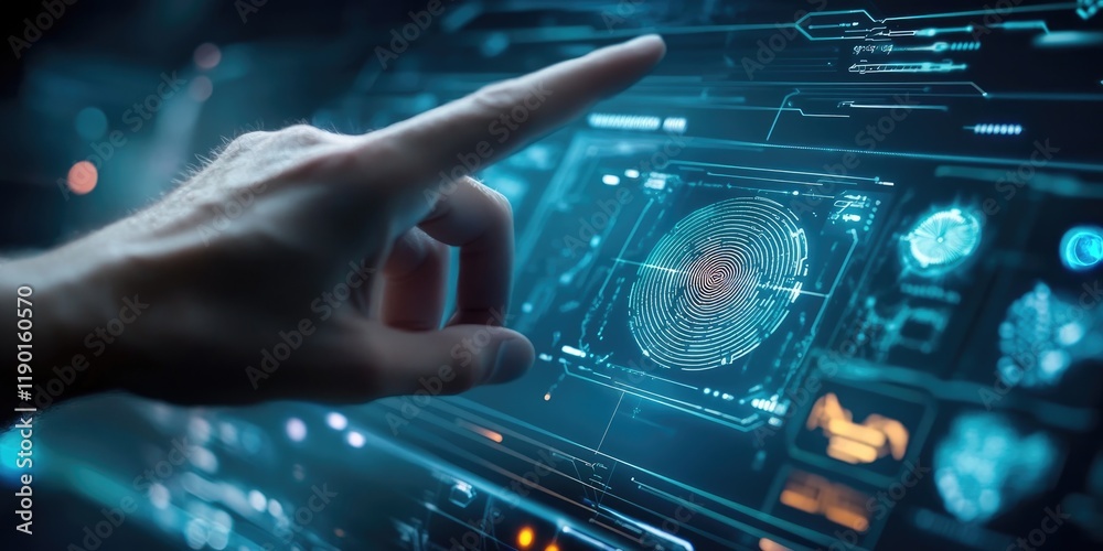 Poster futuristic technology interface with hand touching digital screen and biometric scanning elements
