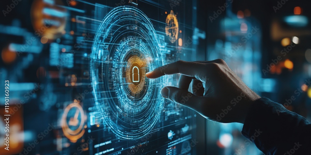 Poster Futuristic Interface Displaying Security Lock Concept with User Interaction in Digital Environment