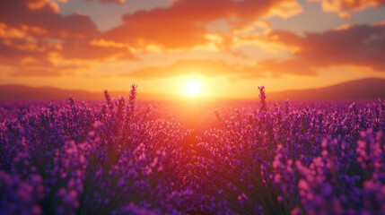 A dreamy sunset over a field of lavender with golden light illuminating the vibrant blooms