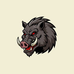 A fierce cartoon boar head mascot with red eyes and prominent tusks, ideal for a logo or brand.